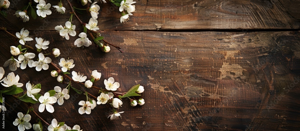 Poster Elegant flower-filled branches set against a wooden backdrop make for a charming copy space image.