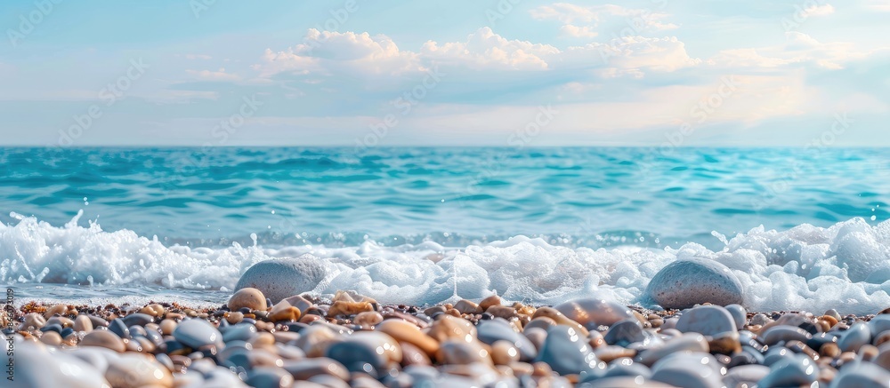 Aufkleber a scenic beach with pebble stones on a warm summer day, set against the backdrop of rolling waves in