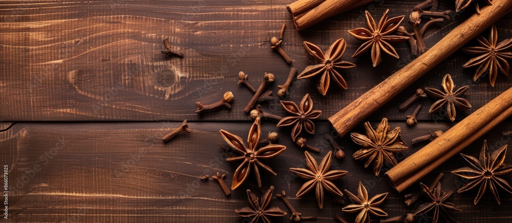 Poster wooden table adorned with aromatic cinnamon sticks and anise stars in a flat lay arrangement with av