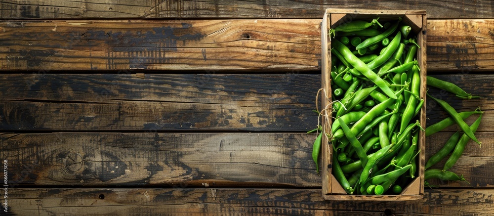 Poster fresh organic green common beans or kidney beans in a wooden box for cooking, set against a wooden b