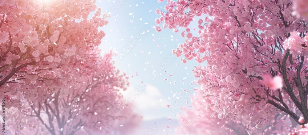 Poster Flowering cherry trees in full bloom with copy space image.