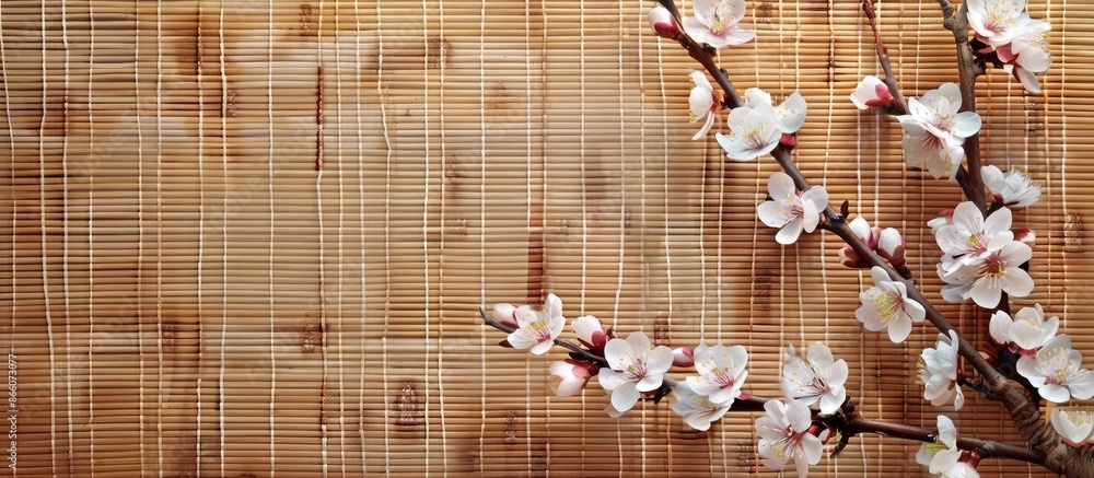 Poster copy space image of a cherry blossom branch above a bamboo mat.