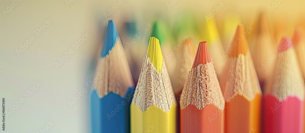 Aufkleber Colorful assortment of pencils in various shades are displayed in a row on a white background with a blurred side perspective, ideal for a copy space image.