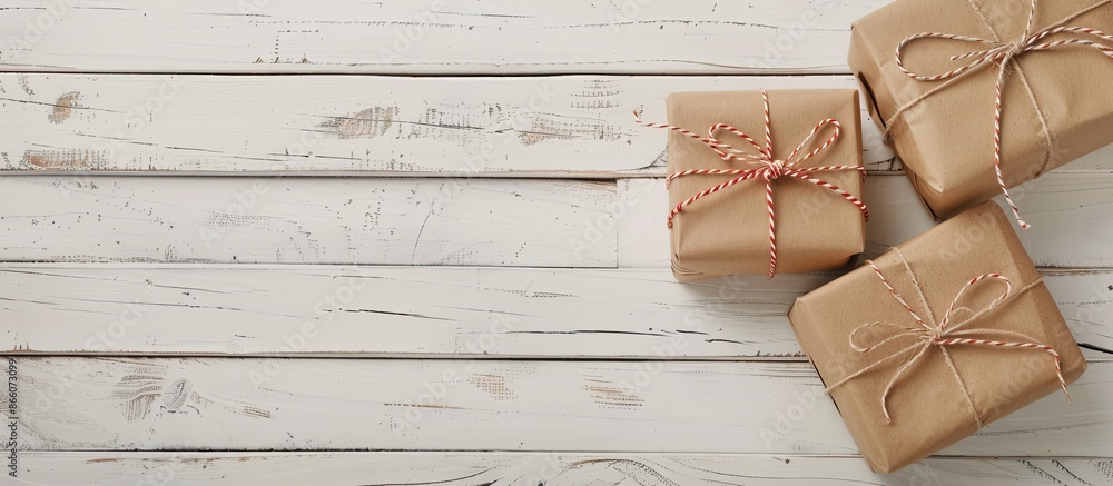 Aufkleber two presents displayed on a white wooden surface with copy space image.
