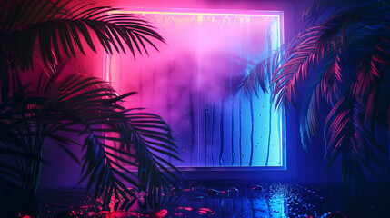 A ring light with LED neon lamp stands prominently on a tripod, flanked by a DSLR camera on another tripod, in a studio bathed in moody blue and red lighting