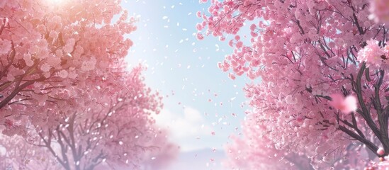 Fototapeta premium Flowering cherry trees in full bloom with copy space image.
