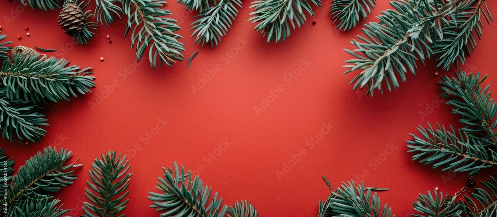 Aufkleber Christmas-themed flat lay featuring fir branches on a red background with space for adding text or images. Copy space image. Place for adding text and design