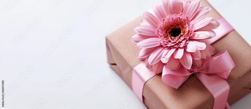 Poster present with a flower in a gift box and ribbon on a white background, ideal for a copy space image.