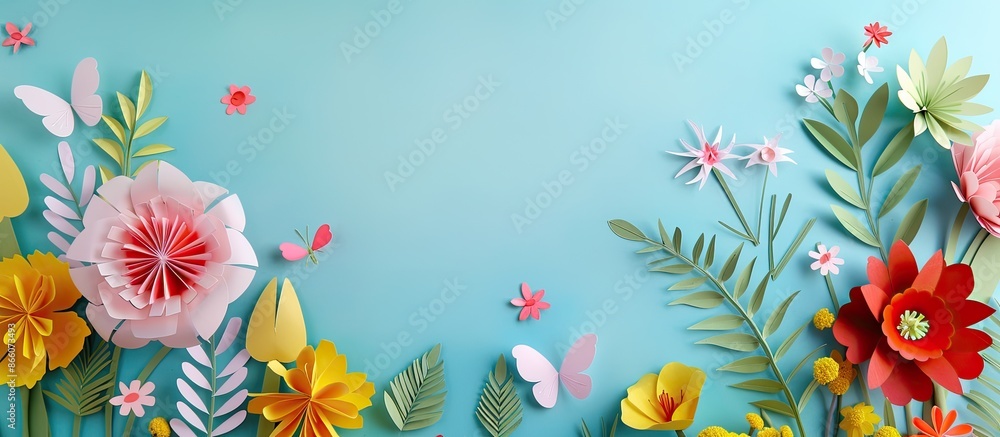 Aufkleber Easter and holiday-themed banner with paper-cut frame featuring natural flowers and plants; ideal for spring projects. Creative paper art with copy space image.