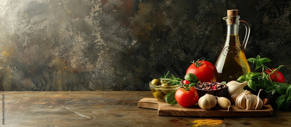 Poster on the table sits a fresh bowl of olive oil accompanied by vegetables and spices, creating a lovely 