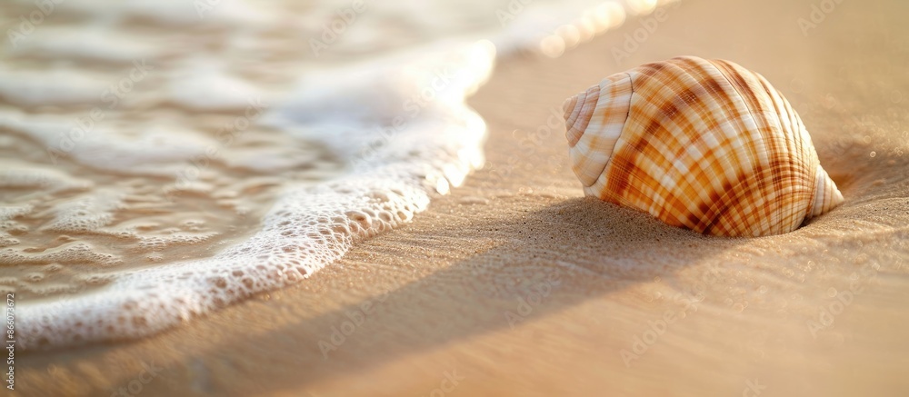 Aufkleber shell resting on sandy beach with available copy space image.