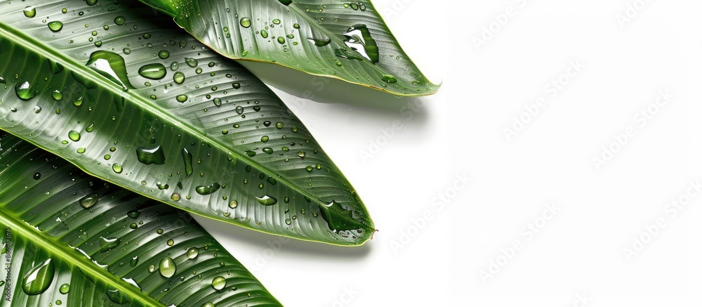 Aufkleber Banana leaf with drops on a clear white backdrop, perfect for copy space image.