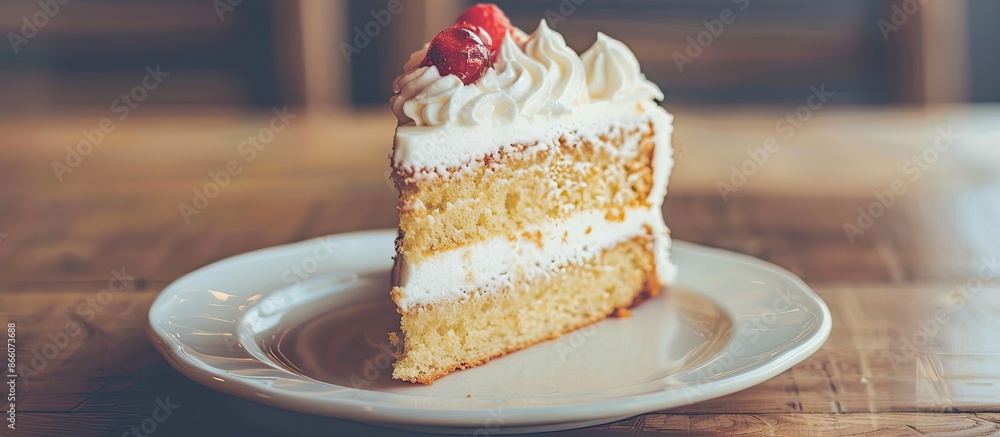 Poster A slice of cake sits on a plate with a blank space for additional uses.