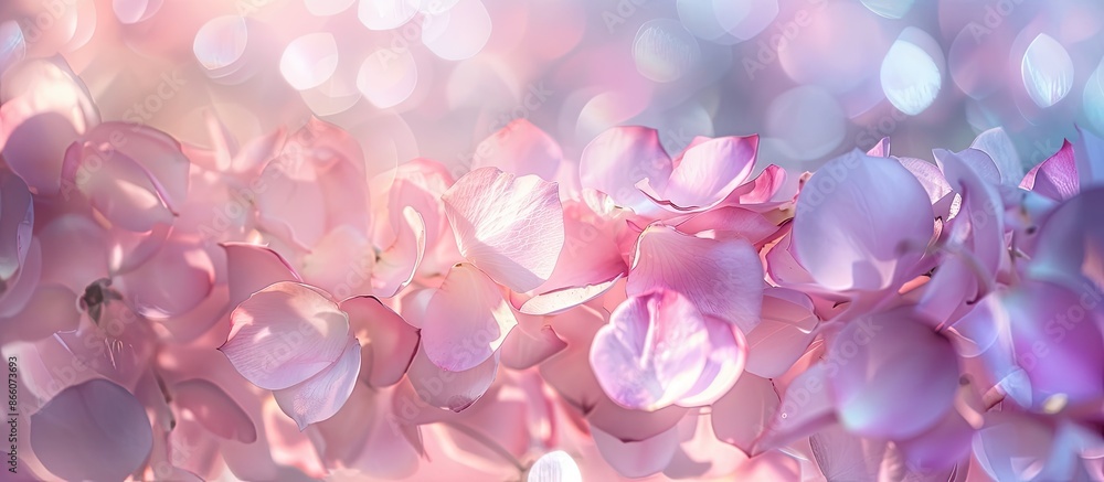 Poster soft pastel floral card with blurred delicate rose petals as an unfocused abstract flower backdrop, 