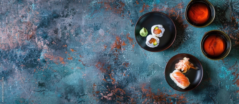 Poster Sushi and maki assortment with soy sauce on a blue stone backdrop, viewed from the top with space for text or other elements. Copy space image. Place for adding text and design