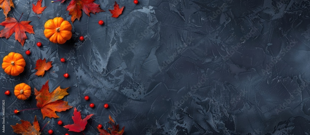 Aufkleber autumn maple leaves along with small orange pumpkins set against a dark gray background with copy sp