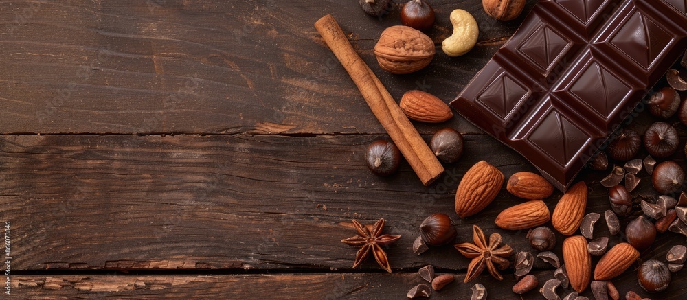 Fototapete Dark chocolate bar with almonds, hazelnuts, and a cinnamon stick on a wooden background with space for text or other images. Copy space image. Place for adding text and design