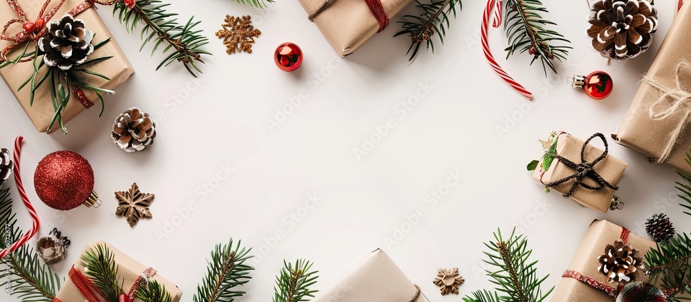 Poster a festive christmas scene with decorations and handmade gifts on a white background seen from above,