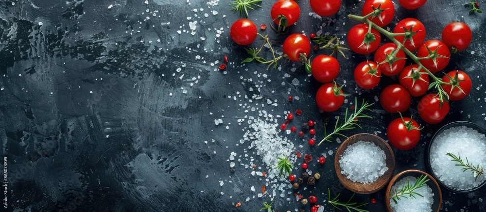 Poster Cooking ingredients consisting of cherry tomatoes, salt, herbs, and spices displayed on a dark concrete surface with a blank area for adding text or images. Copy space image