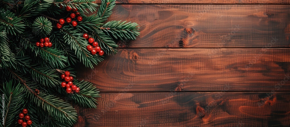 Poster an aerial view of a decorated christmas tree branch, set against a wooden backdrop with copy space i