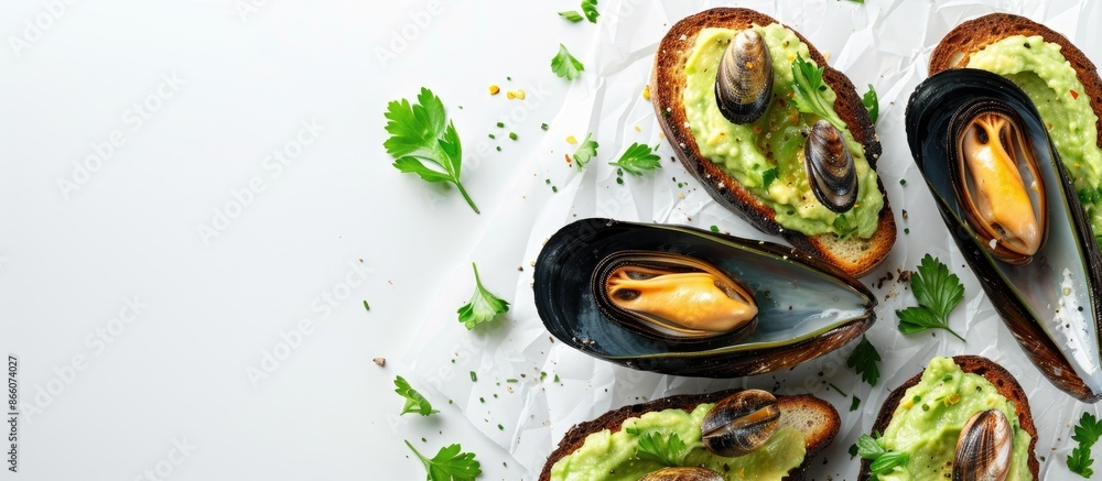 Poster mussels and avocado toast on white backdrop with room for text, copy space image