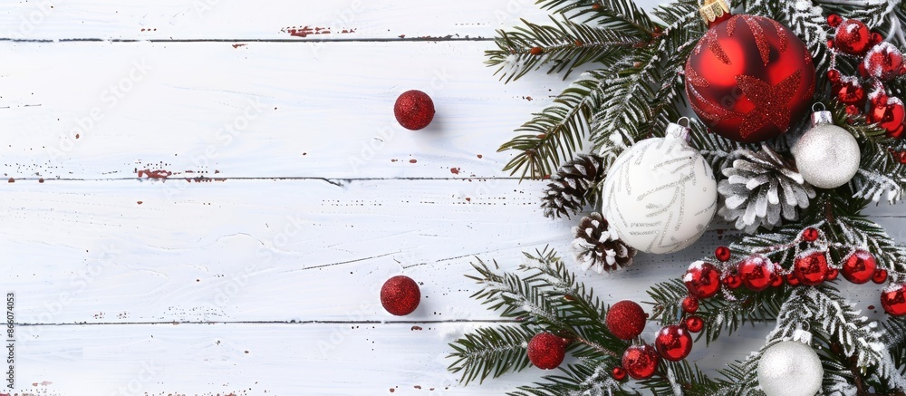 Poster festive christmas setting with decorated tree branch and ornaments on a white wooden backdrop. ideal