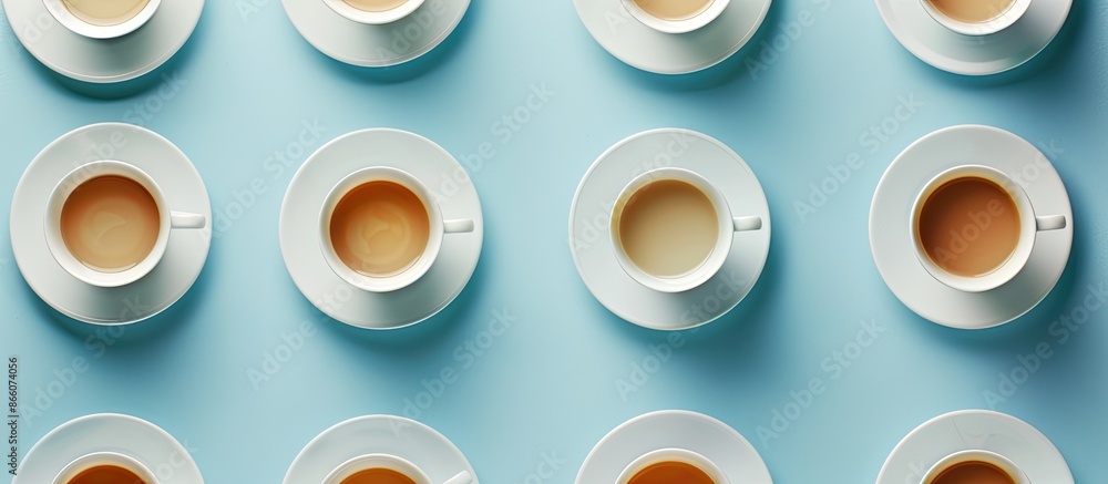 Poster Blue background featuring an array of pristine porcelain cups and saucers for coffee or tea, creating a sophisticated copy space image in top view and flat lay.