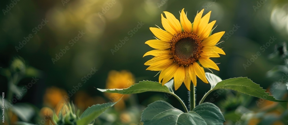 Poster Close-up view of a small sunflower with a green leaf in the frame, ideal for copy space image.
