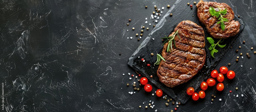 Poster Top view of a grilled beef steak on a black stone table with enough space for additional content in the image.