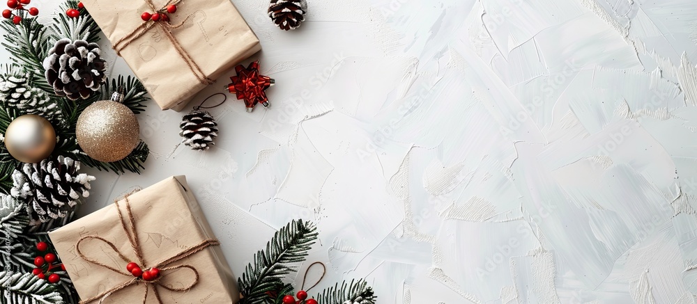 Aufkleber top view of a christmas scene featuring a fir tree, gift box, and ornaments on a white table, with a