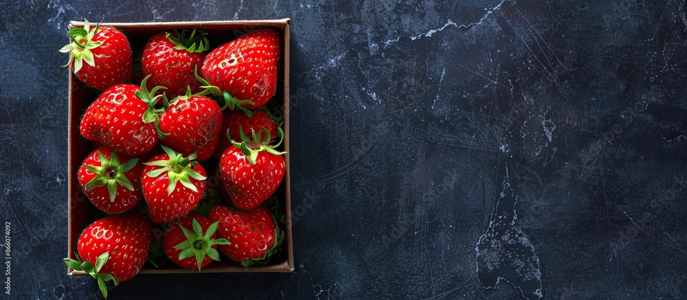 Aufkleber Top view of a box with luscious red and juicy strawberries set on a dark background, providing ample copy space image.