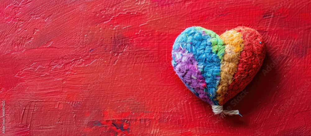 Leinwandbilder colorful heart shape viewed from the top on a red table with copy space image.