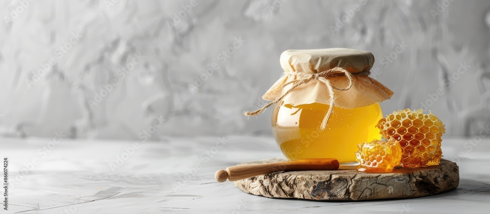 Leinwandbilder jar of honey and honeycombs displayed on a bright table with available copy space image.