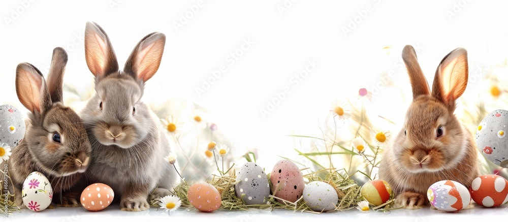 Poster an easter-themed frame featuring three adorable bunnies with open space for adding text or images. c