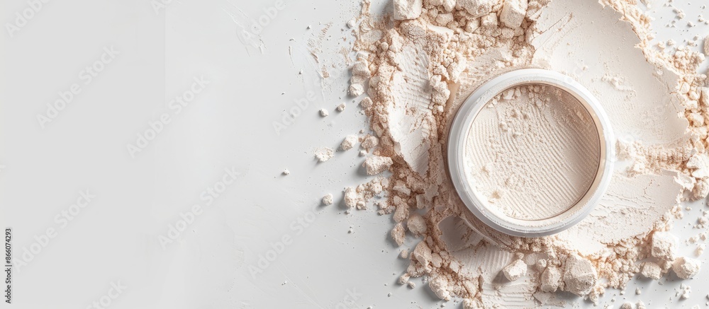 Poster a professional face powder is showcased on a clean white background with close-up, top-down view for