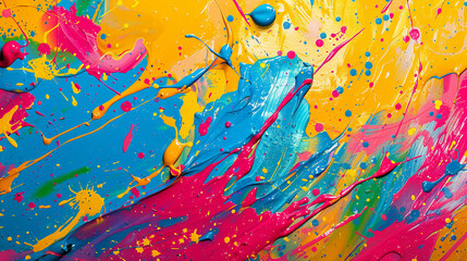 A chaotic mix of abstract paint splatters in bright, energetic colors.