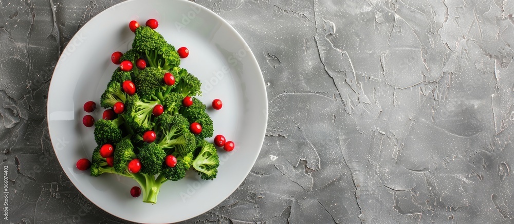 Aufkleber Top view of a festive broccoli and cranberry tree on a white plate, set against a textured grey stone background with ample copy space image.