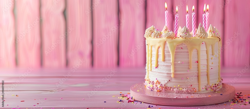 Aufkleber cake with creamy topping and candles placed on a pink wooden surface, offering room for text beside 