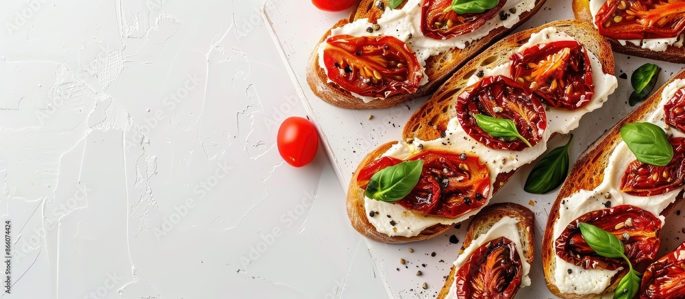 Poster a platter featuring sun-dried tomatoes and cream cheese on toast, displayed on a white board against