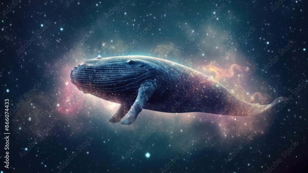 Poster surreal art design of a whale floating in space with a cosmic background and starry sky. digital art