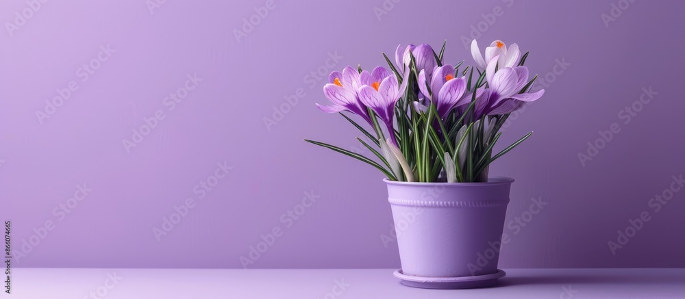 Poster A flower pot displaying crocuses is set against a purple backdrop with copy space image.