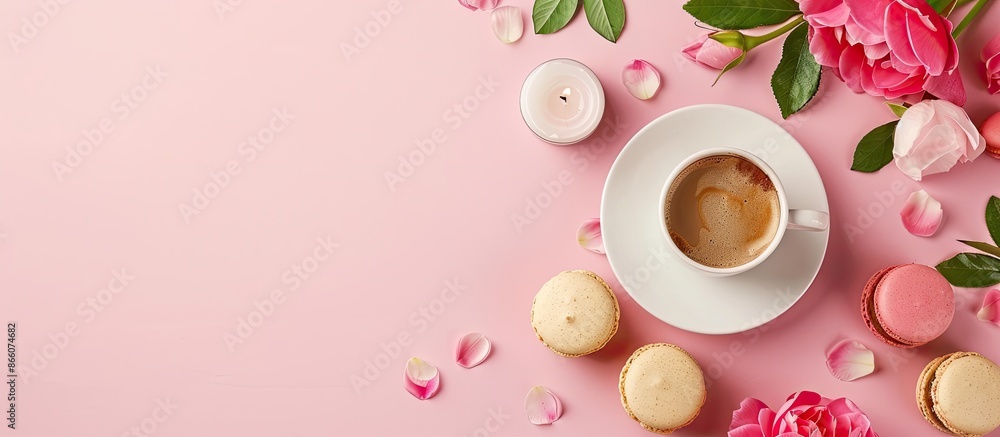 Poster minimal style flat lay image featuring a coffee cup, flowers, candle, macaroons on a pink background