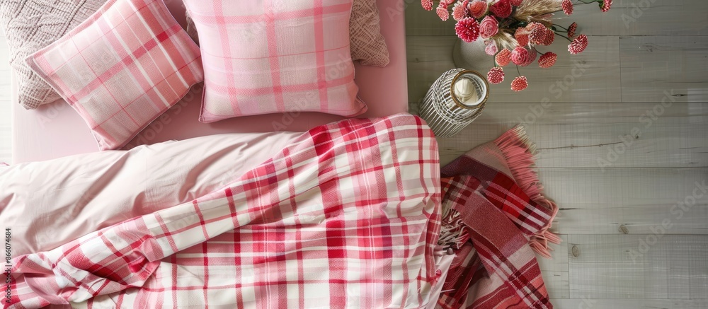 Poster pink warm plaid bedding displayed with copy space in a top view flat lay arrangement.