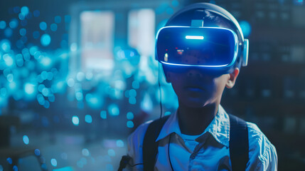 school student with VR headset using AI artificial intelligence technology & machine learning. Interactive technology in classroom. Innovation & smart tech Futuristic inclusive education