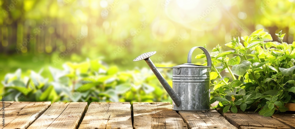 Poster Gardening tools and a watering can placed neatly on a wooden table with available copy space image.