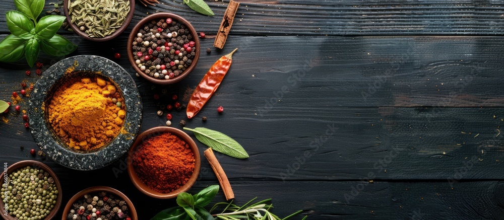 Poster various herbs and spices arranged in a mortar, alongside dried seasonings, displayed on a dark woode