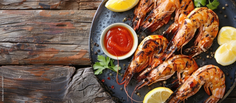 Poster top-down view of grilled shrimp on a plate with sauce, providing free copy space image.