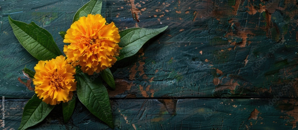 Poster marigold flower with leaf on dark wooden background, creating a striking composition for a copy spac