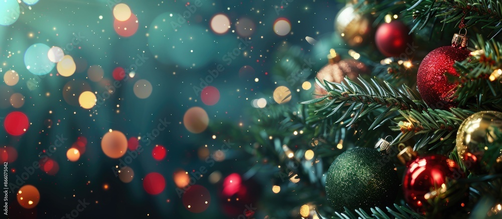 Poster Background for New Year and Christmas with a festive fir tree, ornaments, and space for text. Copy space image. Place for adding text and design