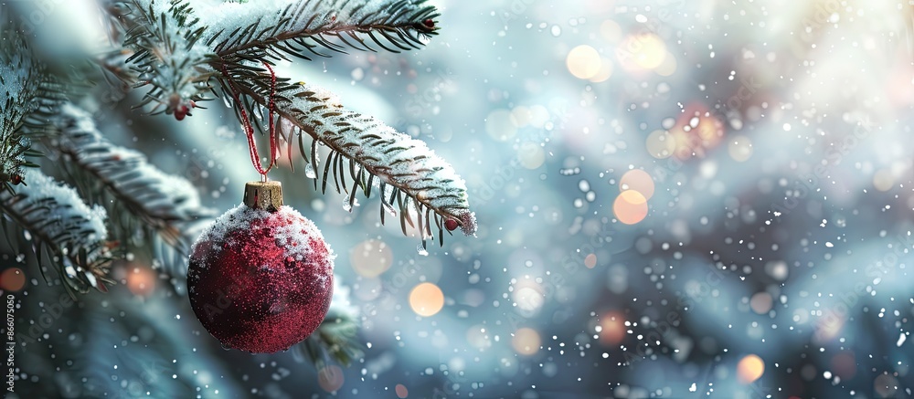 Poster selective focus on a bauble hanging from a pine tree branch with festive decorations in the snow, cr